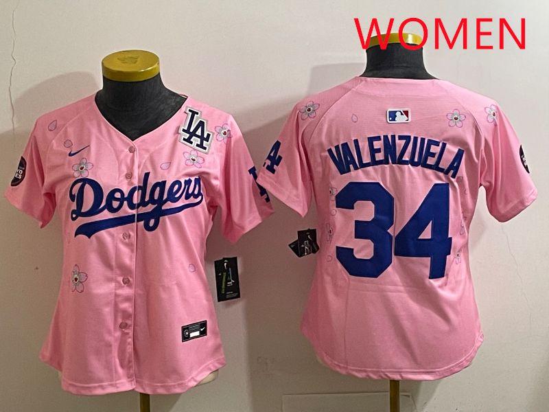 Women Los Angeles Dodgers #34 Valenzuela Pink Sakura Edition 2025 Nike MLB Jersey style 40